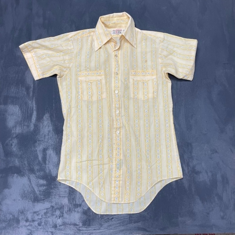 Vintage Geometric Striped Button Down Shirt Mens S Yellow 1970s‎ Pariani